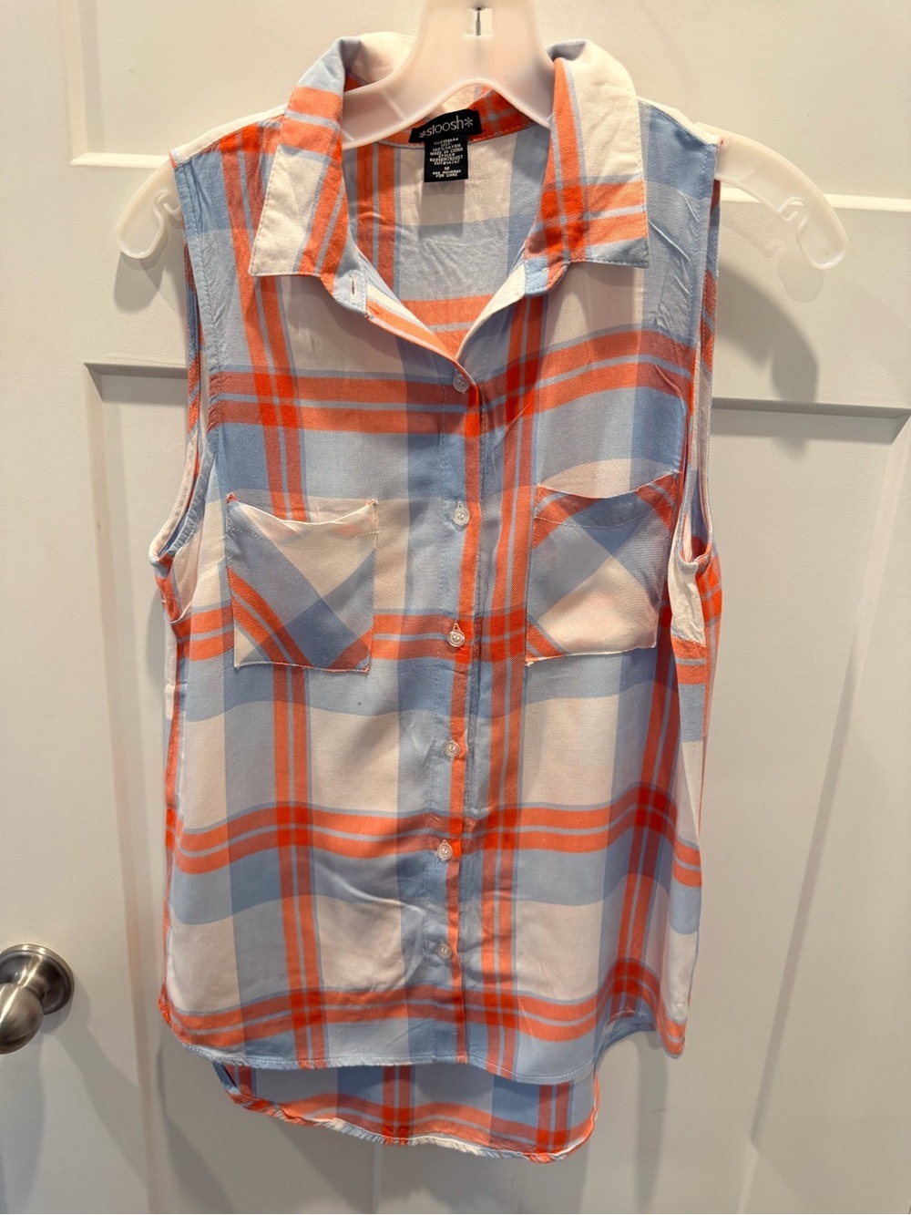 Stoosh Medium Plaid Sleeveless Button Front Blouse Blue Coral High Low Top